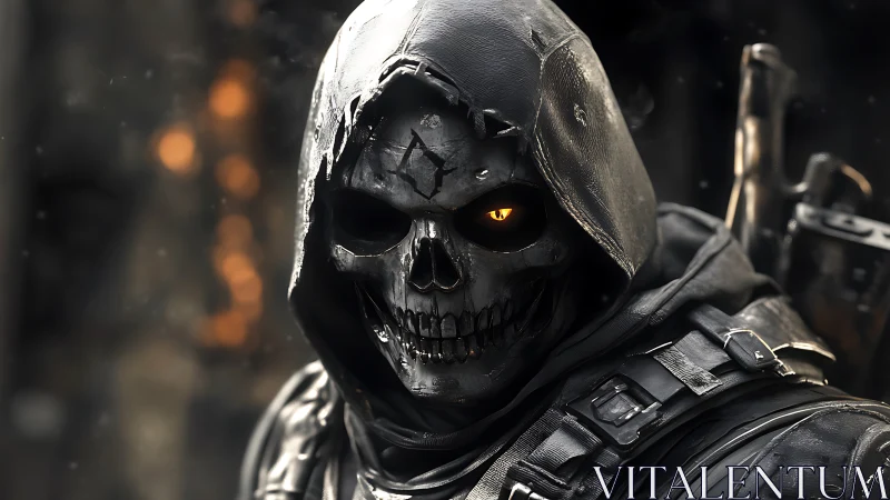 Hooded skeletal warrior rendered in moody cinematic 3D detail.