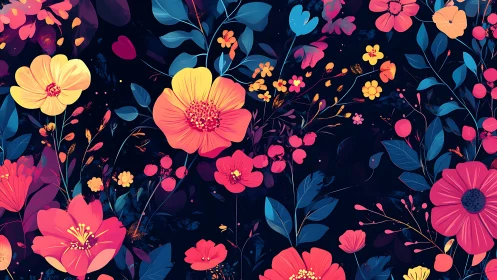 Neon Botanical Illustration: High-Contrast Floral Composition with Saturation