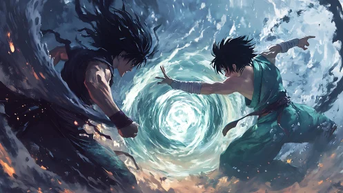 Dynamic anime duel around swirling elemental vortex.