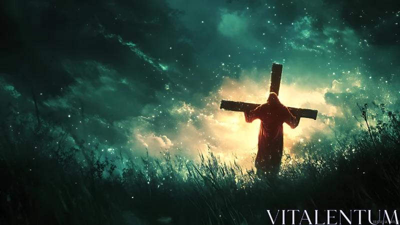 Hooded figure carrying cross in glowing night field scene.