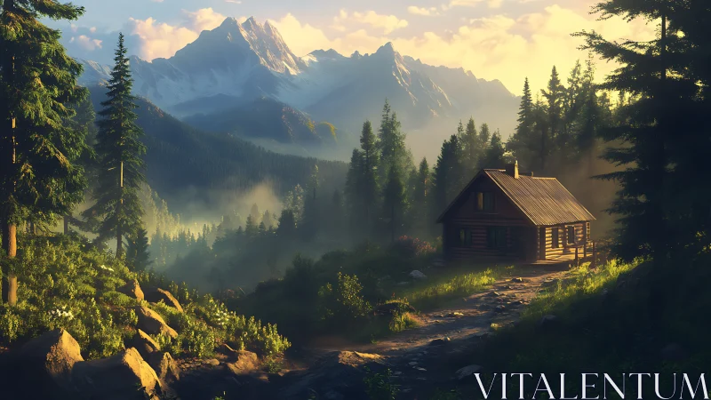 Sunlit mountain cabin overlooks deep misty evergreen valley.