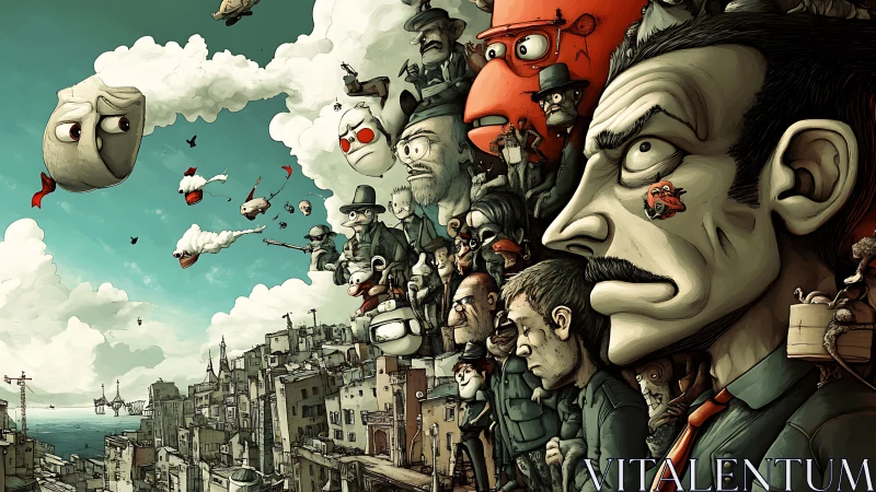 Crowded surreal cityscape shows distorted faces and flying heads
