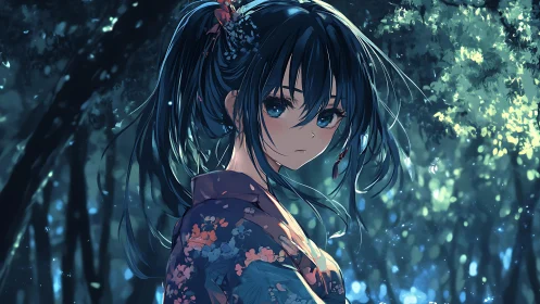 Girl in floral yukata stands under dappled forest light