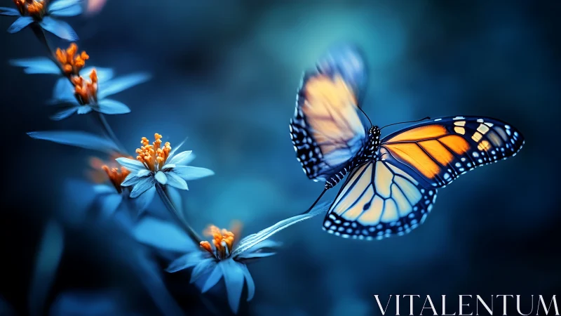 Monarch butterfly on blue flowers in dreamy macro field.