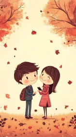 Two Young People Standing Together Under Autumn Trees