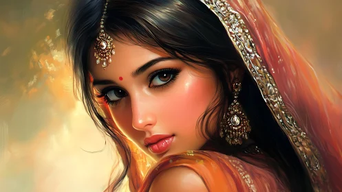 Digital portrait depicts woman in traditional embellished attire