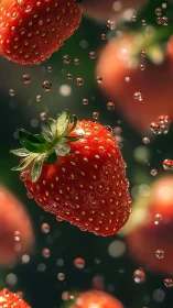 Suspended strawberries with water droplets in close-up view.