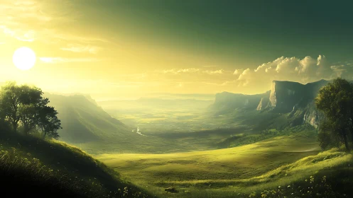 Sunlit atmospheric valley with volumetric light gradients.