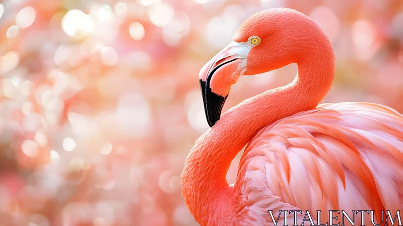 Vibrant flamingo portrait with soft bokeh background in pastel style.