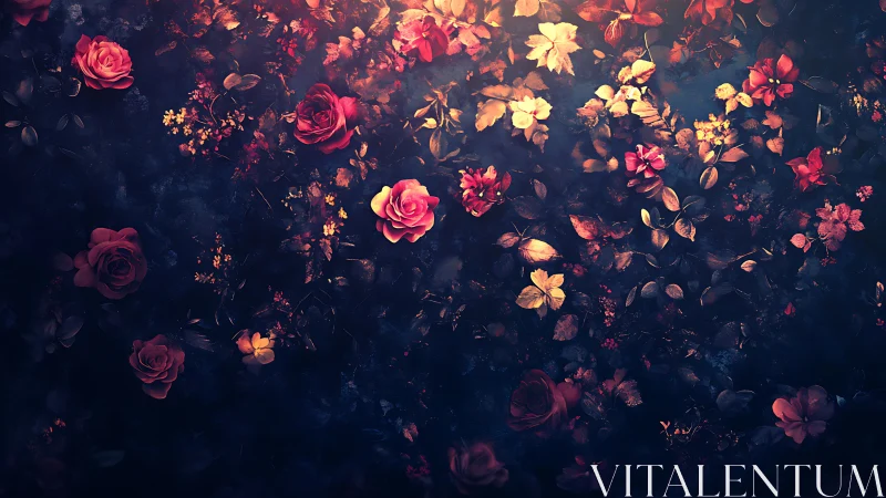 Dark Floral Composition with Luminescent Rose and Petal Distribution.