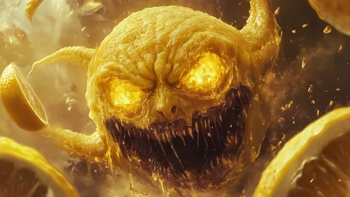 Ferocious citrus monster bursts from glowing lemon chaos