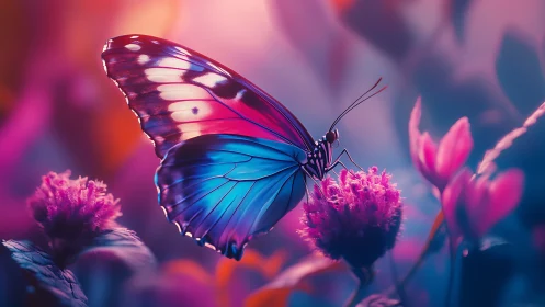 Iridescent butterfly poised on neon blossoms at dusk.