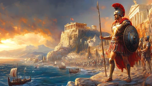 Greek hoplite guards coastal city as army gathers below