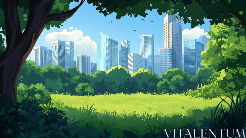 Urban Park Green Space with City Skyline.