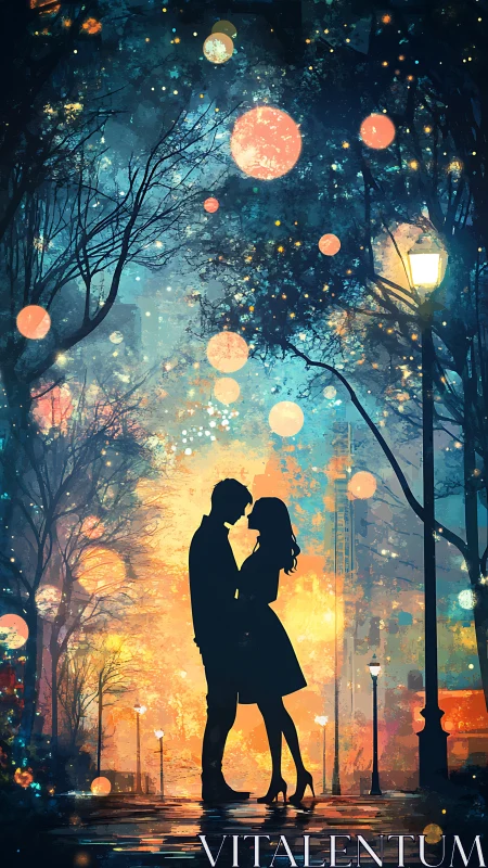 Silhouetted Couple Beneath Glowing Orbs in Night Forest
