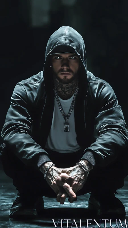 Brooding hooded man crouches in dramatic low key light