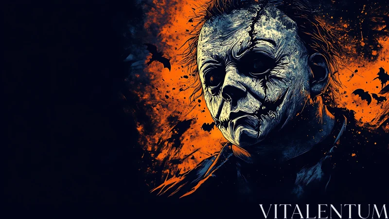 Brooding mask in midnight blaze, haunted by flying shadows.