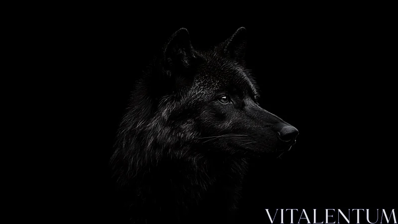 Midnight black wolf portrait in dramatic low key light.