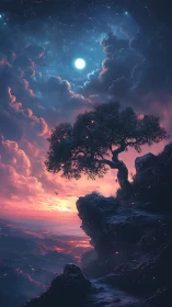 Solitary tree on cliff under moonlit clouds and sunset sky.