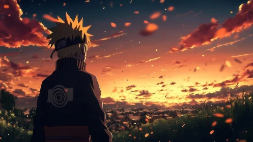 Animated figure observing illuminated town at sunset horizon.