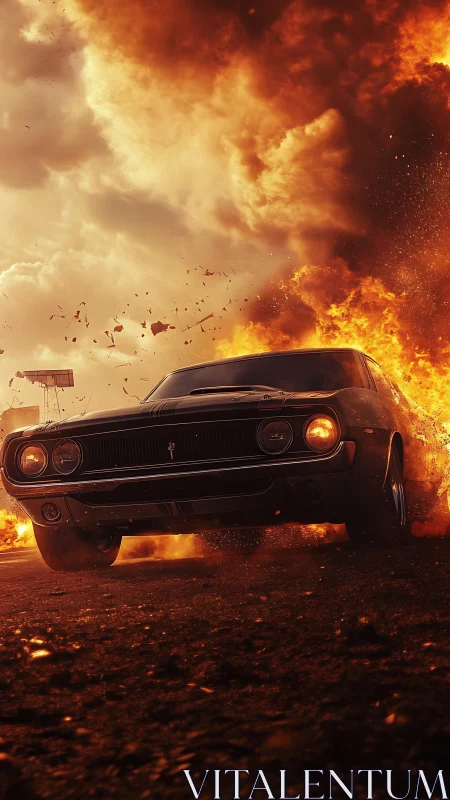 Muscle car drifts through fireball with cinematic motion blur and sparks
