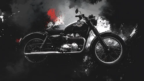 Classic motorcycle side view on dark splattered backdrop.