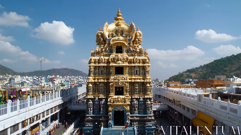 Gold-plated Dravidian gopuram tower with dense sculptural iconography