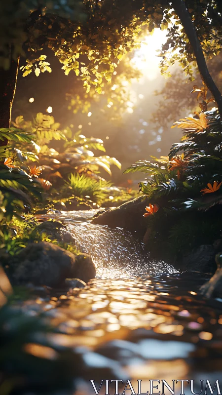 3D botanical streamscape with golden volumetric sunlight.