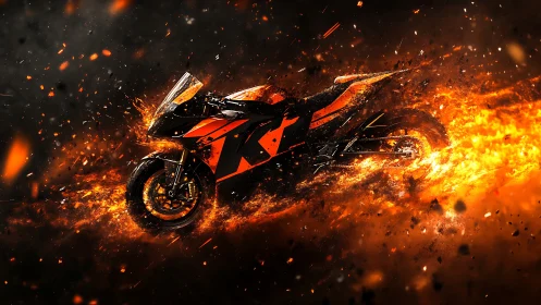 Sport motorcycle is rendered amid dynamic fire particles