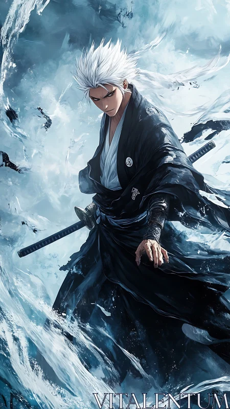 White haired swordsman stands amidst crashing frozen waves