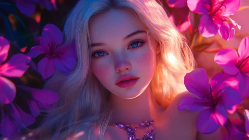 Moonlit blossom muse with luminous eyes in orchid glow.