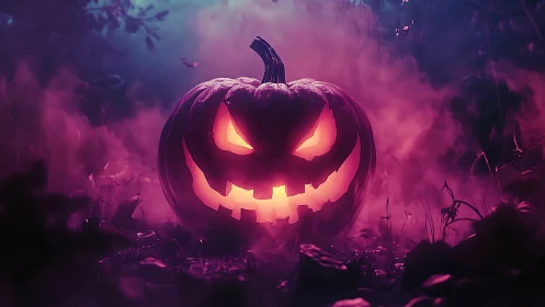 Sinister jack-o-lantern blazing in neon haunted mist.