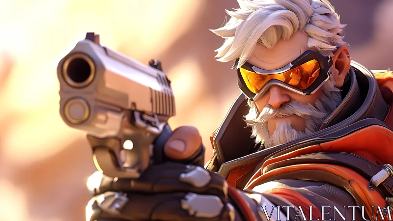 Armed futuristic veteran locks pistol aim in desert light