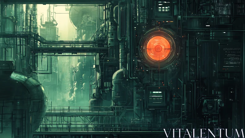 Industrial oracle eye glowing inside teal cyber labyrinth.