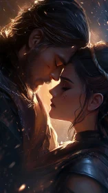 Luminous Profile: Two Figures Embraced in Golden Particle Atmosphere