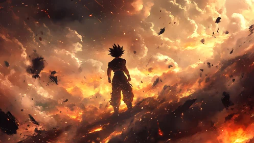 Fiery warrior gazes into swirling sky of smoke and light