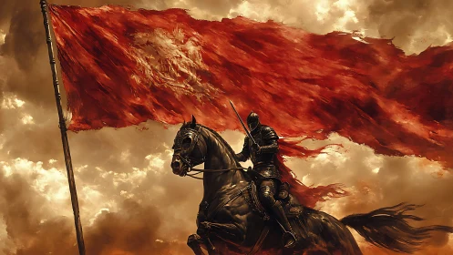 Armored knight on rearing horse passes beneath vast red flag