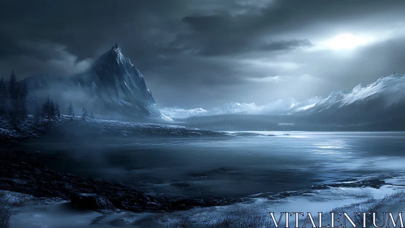 Moonlit icebound fjord whispers beneath a storm-heavy sky