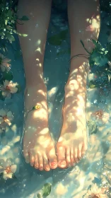 Bare feet rest in dappled sunlight amid calm floral water