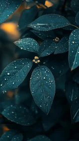 Macro-lit foliage with raindrop micro-lensing and bokeh glow.