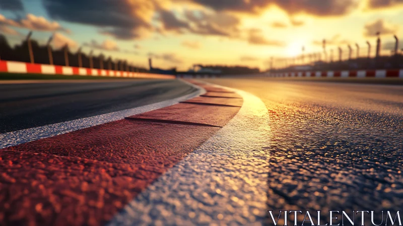 Racing circuit kerb curves toward sunset along empty track
