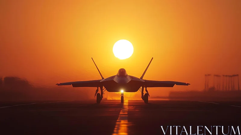 Silhouetted stealth fighter aligns with low sun over runway centerline
