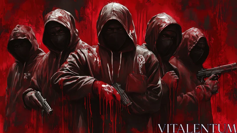 Armed masked figures emerge from a blood-red abstract haze