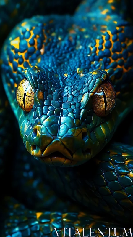 Emerald viper portrait reveals detailed scales and molten eyes