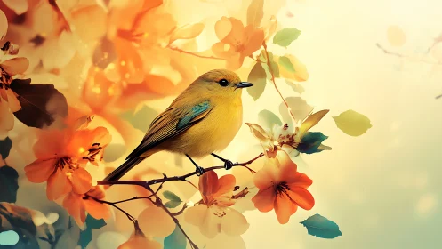 Vibrant yellow songbird perched on floral branch, dreamy art style.