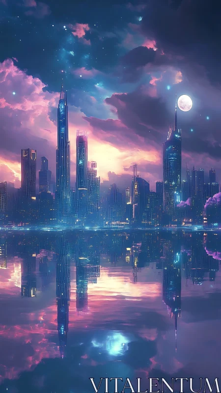 Neon dusk skyline dreaming in mirrored celestial waters.