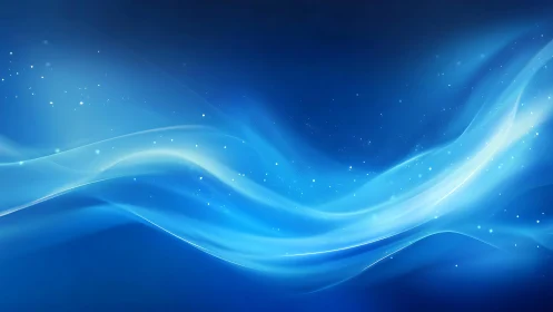 Abstract flowing blue waves with glowing light particles, digital art.