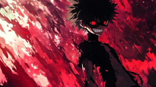 Demonic anime boy with glowing red eyes amid chaotic blood flare