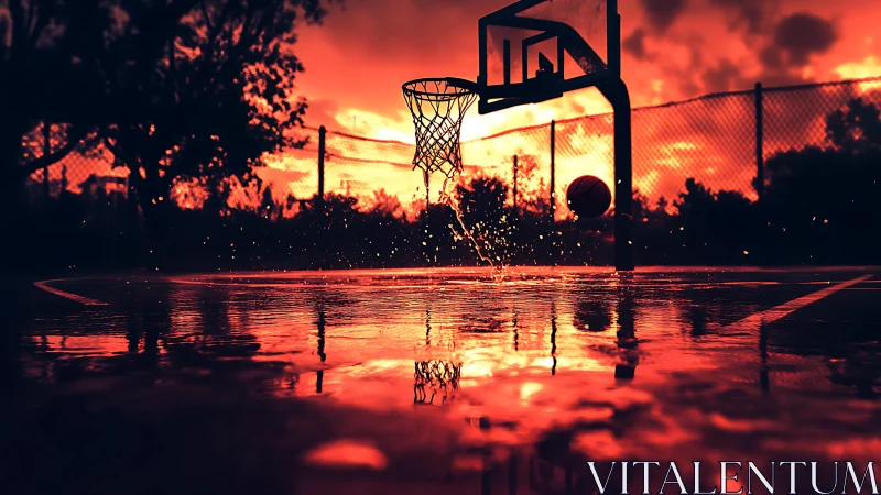 Sunset street court with wet hoop and dynamic reflections.