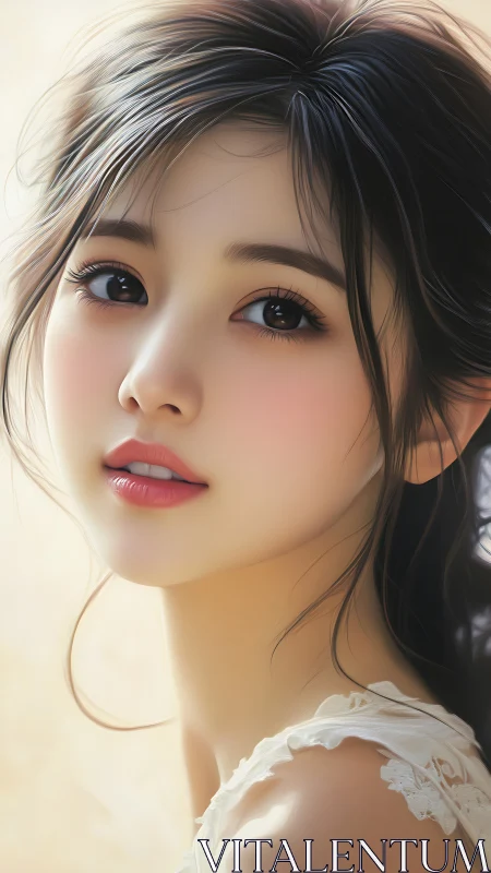 Soft daylight muse with luminous eyes and porcelain grace.